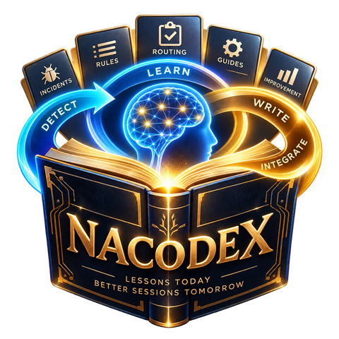 Nacodex logo — an open book of lessons beneath a glowing brain, with Detect, Learn and Write around it